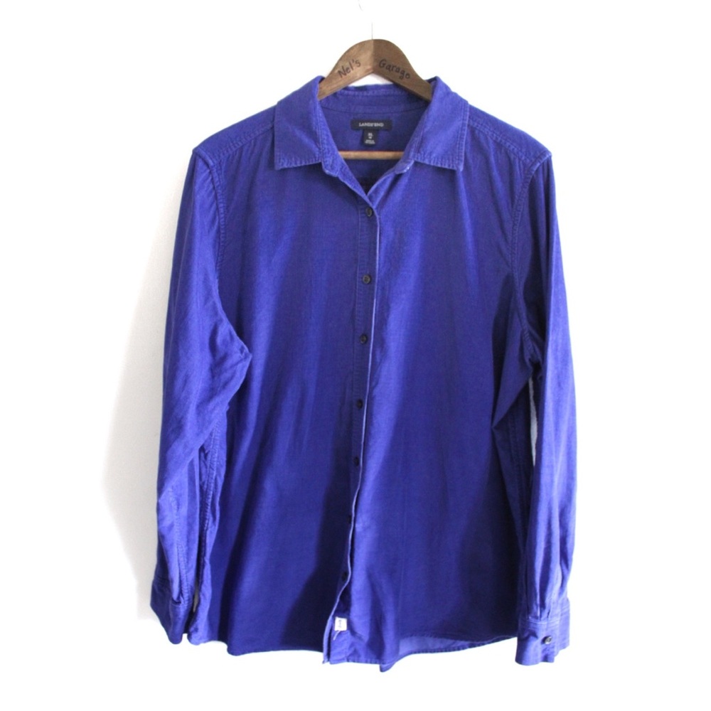 Lands End Retro Purple Long Sleeve Collar Corduroy 100% Baumwolle Top Large